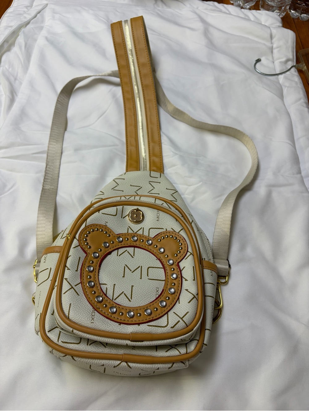 White & Tan Crossbody Sling Bag with Studded Bear Accent